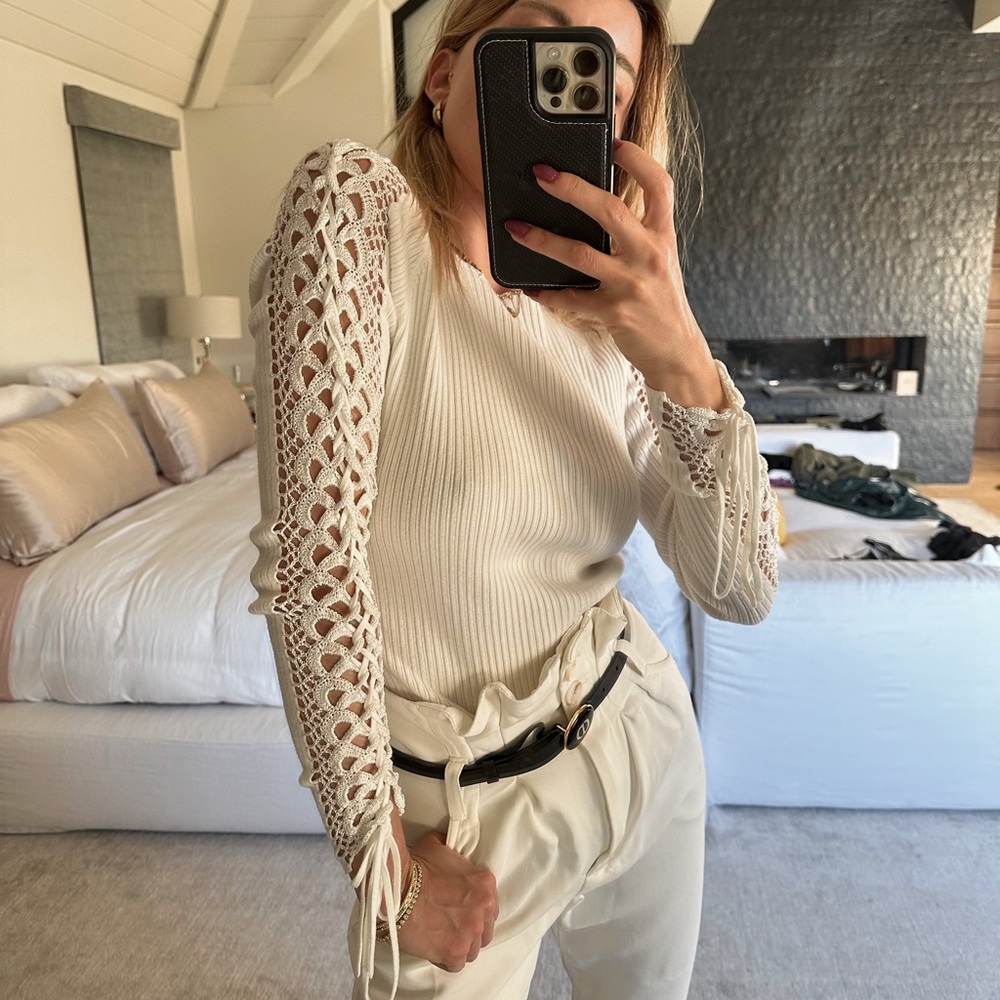 Jonathan Simkhai white ribbed top with crochet sleeve size M